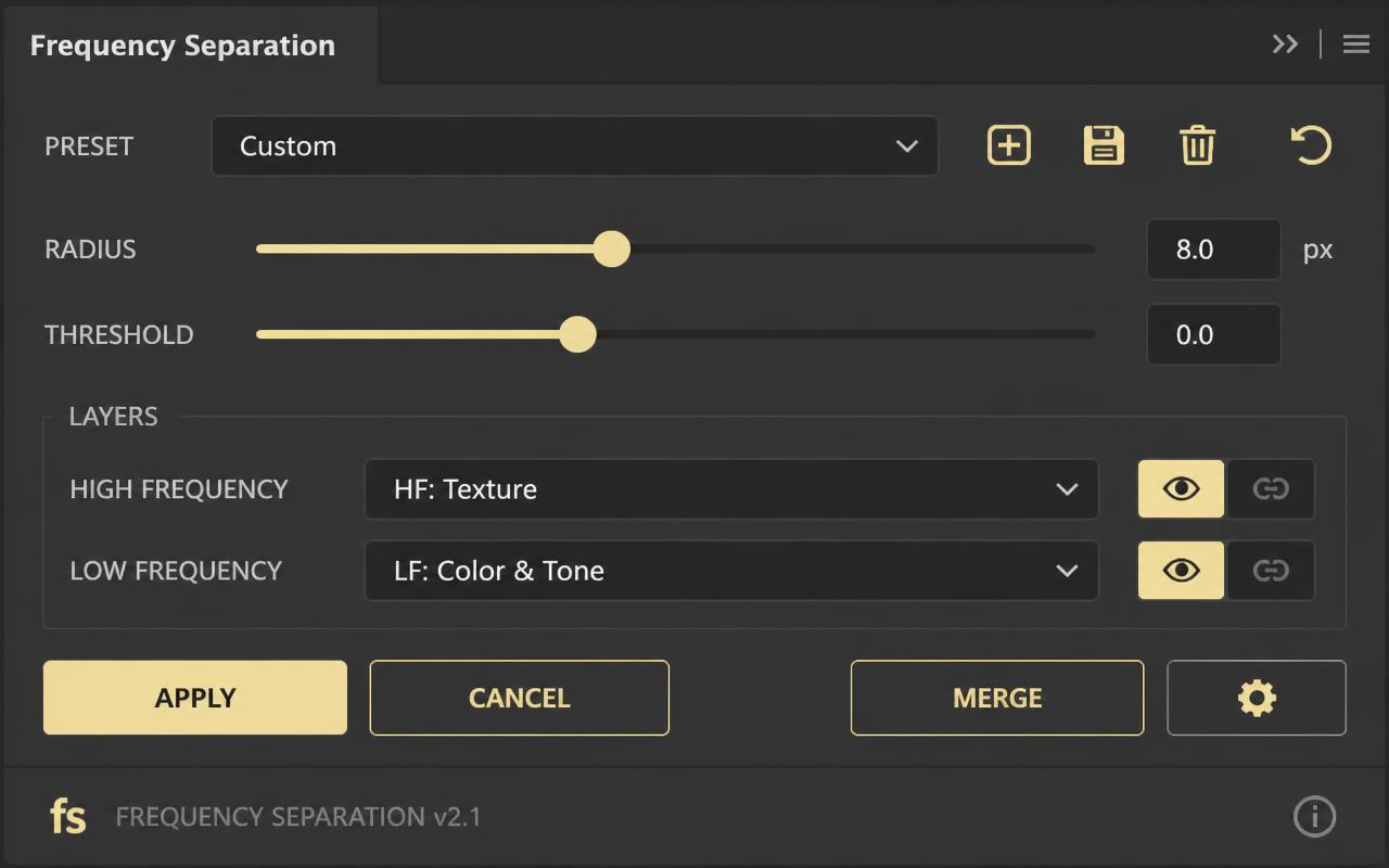 Painel de Frequency Separation do plugin Savior Jordâni Studio